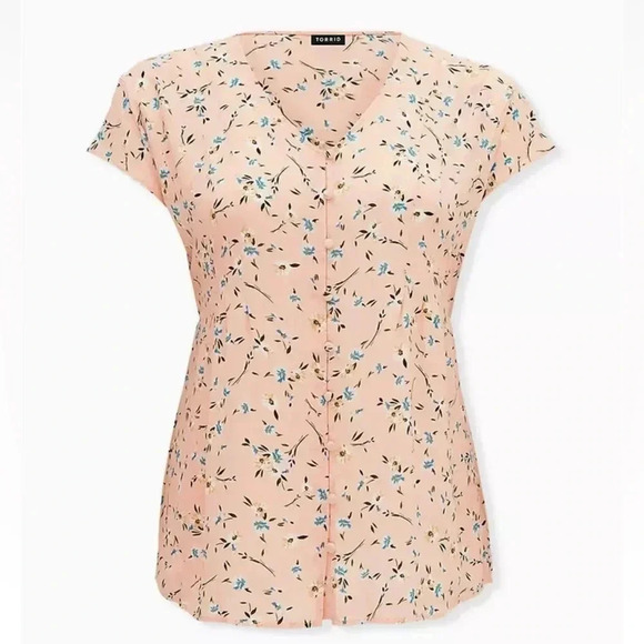 Torrid Floral Challis Button Fit & Flare Blouse Stretch Back Peach Plus Size 2X - Picture 2 of 15